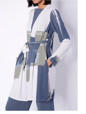 MarlaWynne White and Slate Brushstroke Duster with Waist Tie